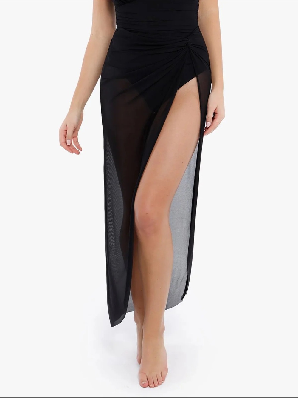 Popilush Black Sheer High-Slit Swim Sarong Cover-Up